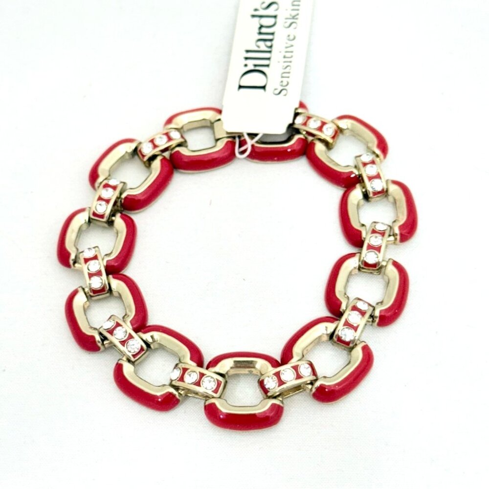 Red and Gold Tone Enamel Link Bracelet with Rhinestones by Dillard's - NWT